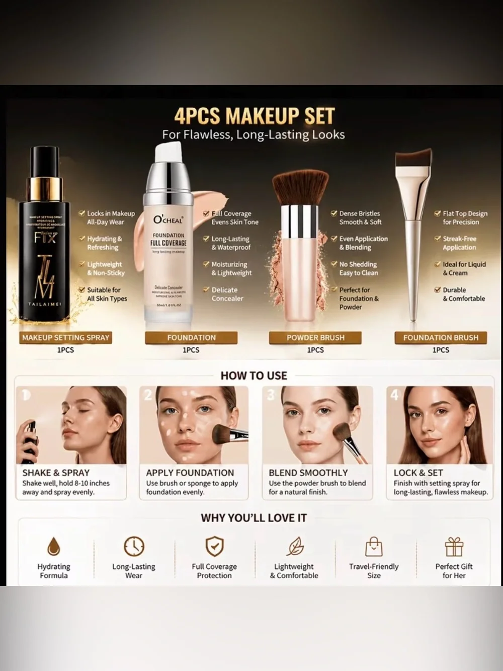 Tailaimei Full Coverage Foundation & Brush 4 PC Set - Champagne Color -NO BOX 🗃️